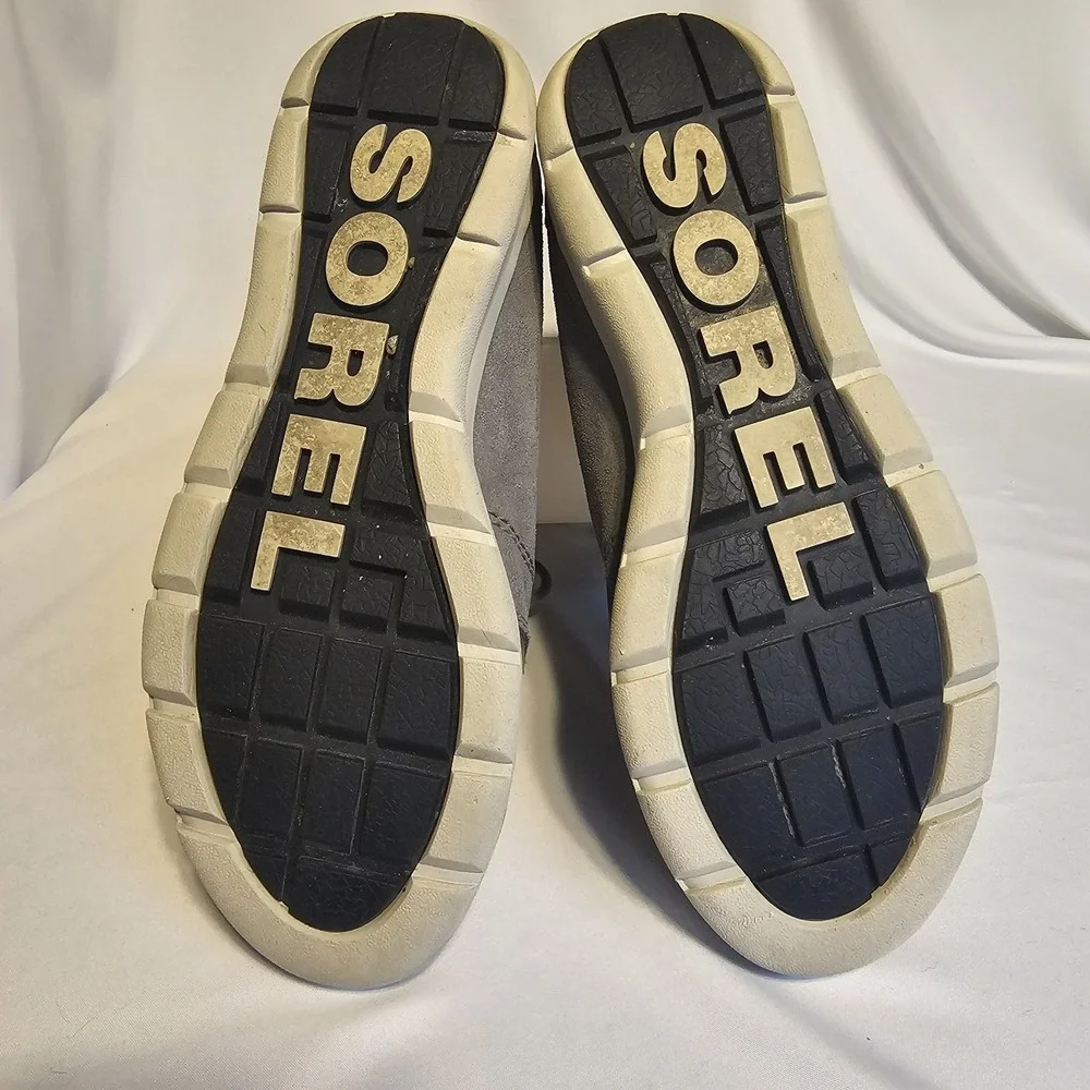Sorel Explorer Joan Womens 10 Gray Suede Faux Fur Winter Boots Lightweight Cozy‎